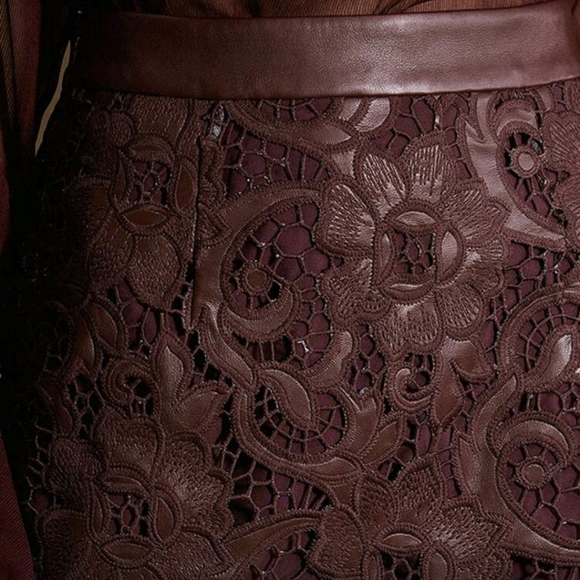 Bordeaux Lace & Faux Leather Mini Skirt | High-Waist Textured Overlay Skirt - Picture 5 of 6